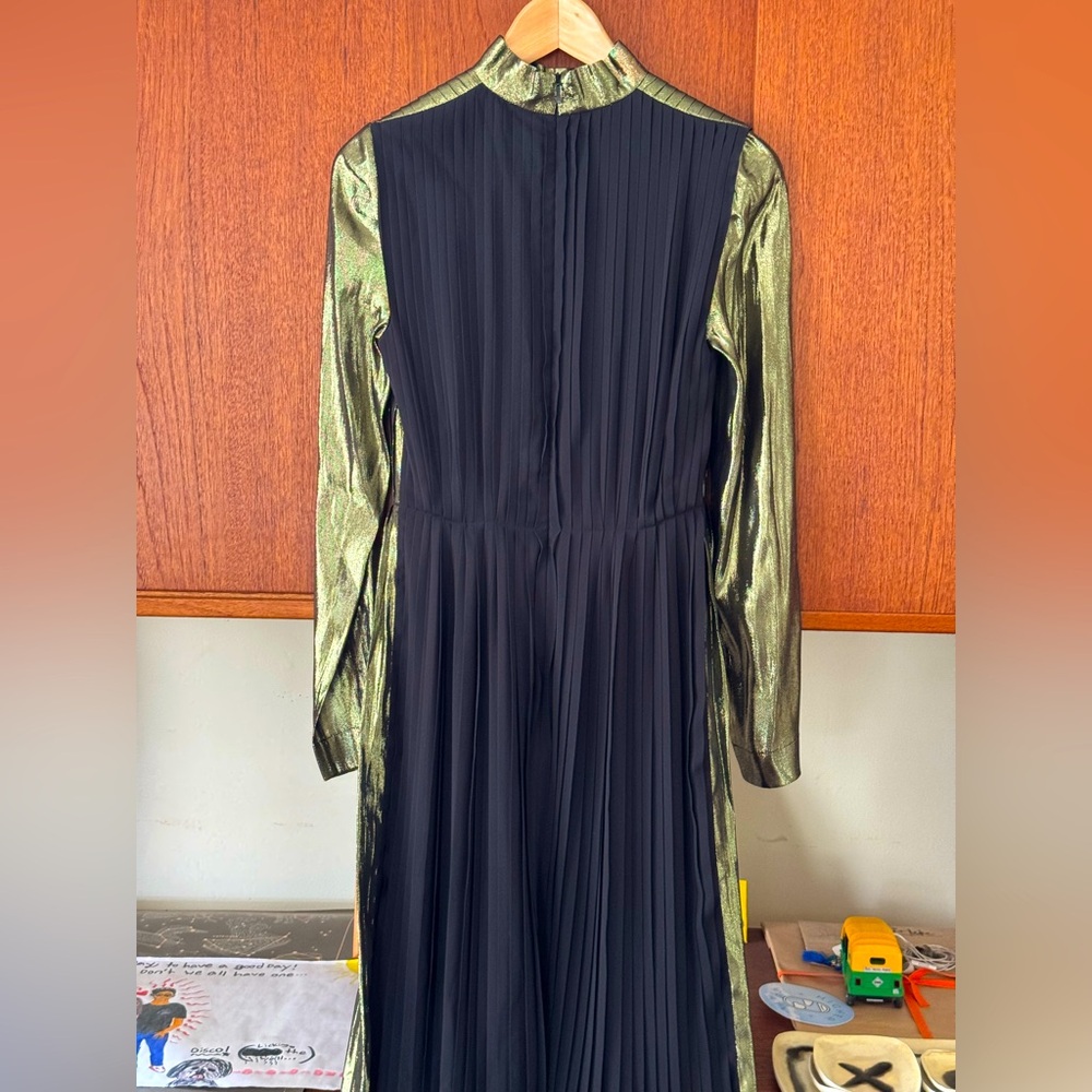 Loewe Shiny Pleated Lurex Midi Length Dress. Sweet shiny metallic olive green. - Picture 9 of 15
